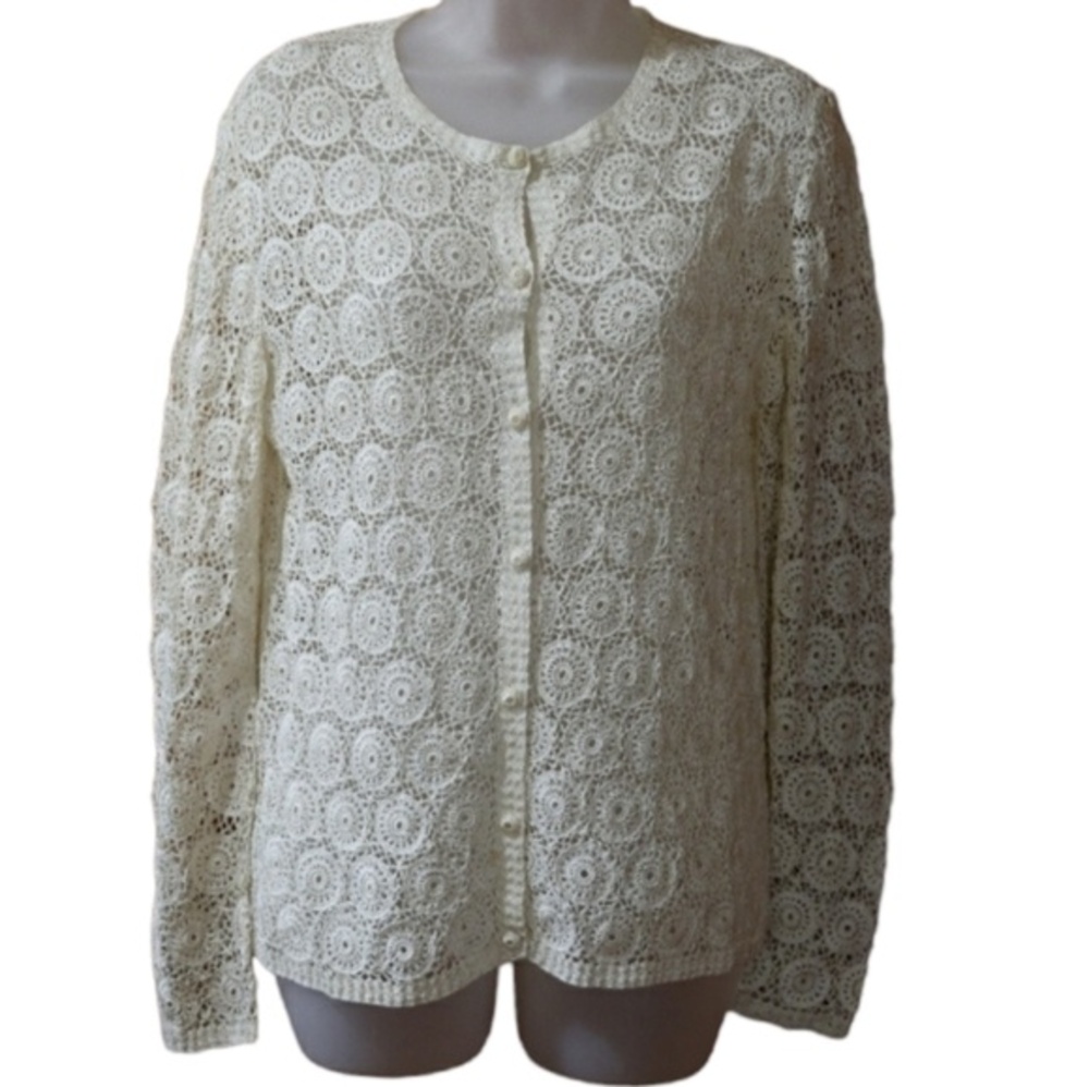 Vintage Red Peacock Hand Crochet White Lace Cardigan Cottagecore Boho Top LG